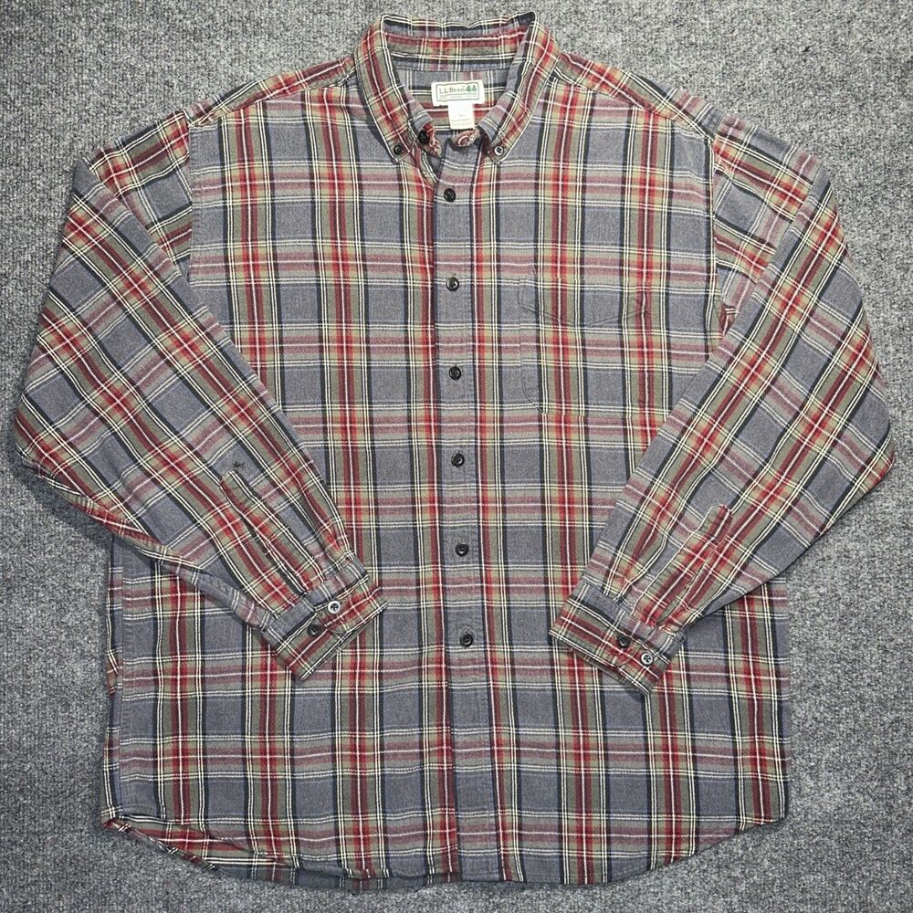 Vtg L.L. Bean Flannel Shirt Mens L Large Regular Gray Red Plaid Button Down